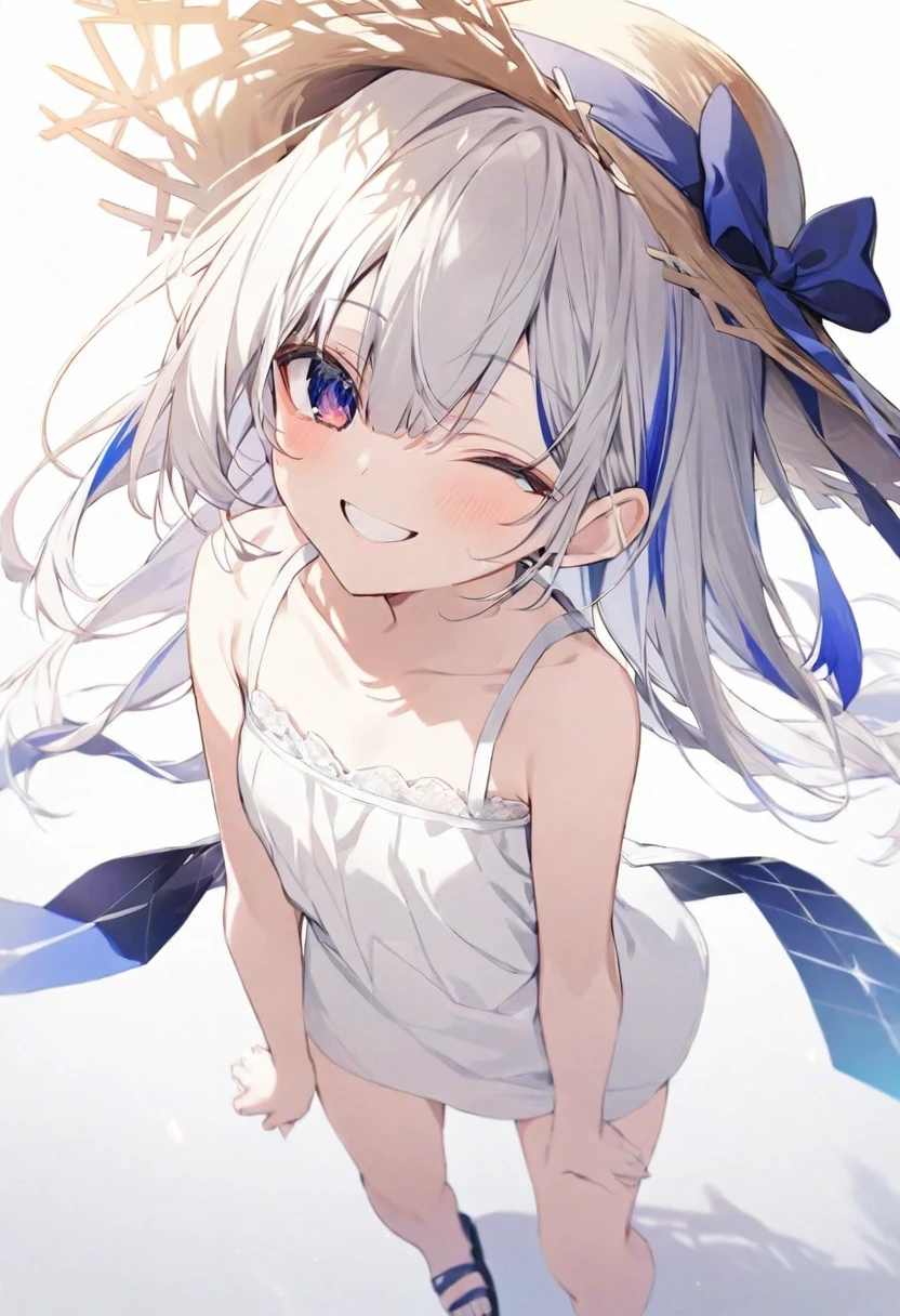 (muste piece), (best quality), (score_9, score_8_up, score_7_up), very detailed eyes, expressive eyes, perfect face, very detailed face, highly detailed face, beautiful girl, 8K, beautiful girl, white background, delicate and beautiful face and eyes, dark intense shadow,
1 girl, vtuber style, cool girl, hololive, amane kanata, gery hair, streaked hair, white sundress, sleeveless dress, suspender dress, small chest, clavicle, one eye close winking, smile, ass visible through thighs, (full body), straw hat, naked thighs, sandals, standing,