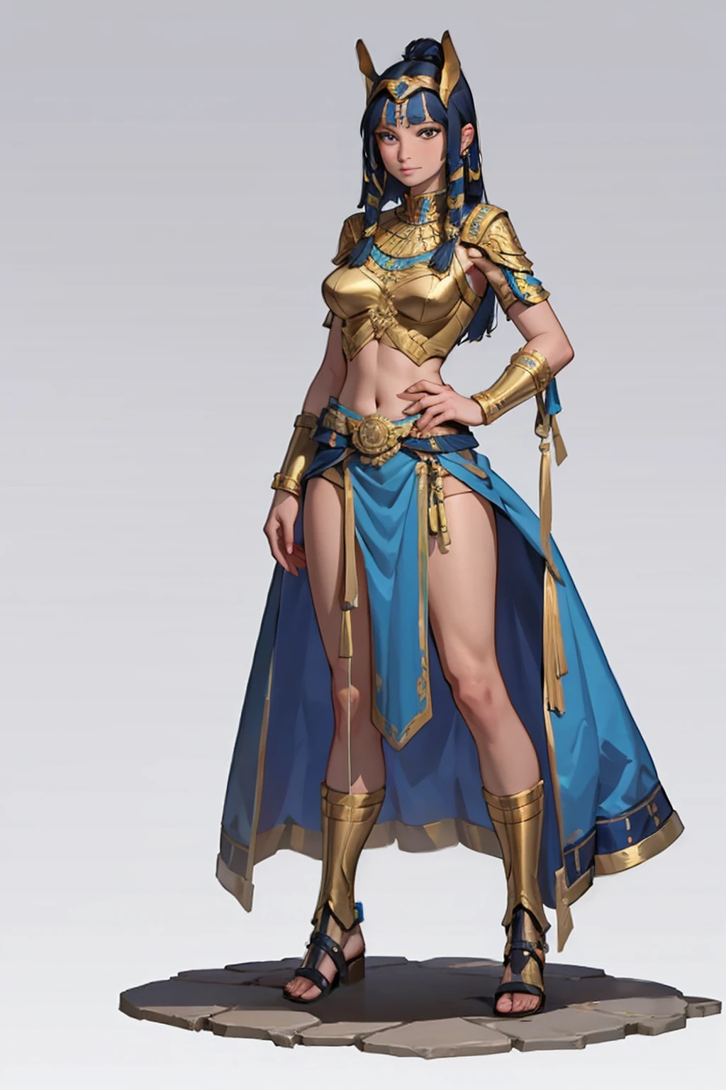 ((Full body photo, standing, on the ground)) 1girll、Cleopatra、Ancient Egyptian costumes、solo，full bodyesbian，standing on your feet，European and American cartoon design，white backgrounid，Magical fantasy design，character concept design，tmasterpiece，best qualtiy，Best resolution，high definition detail