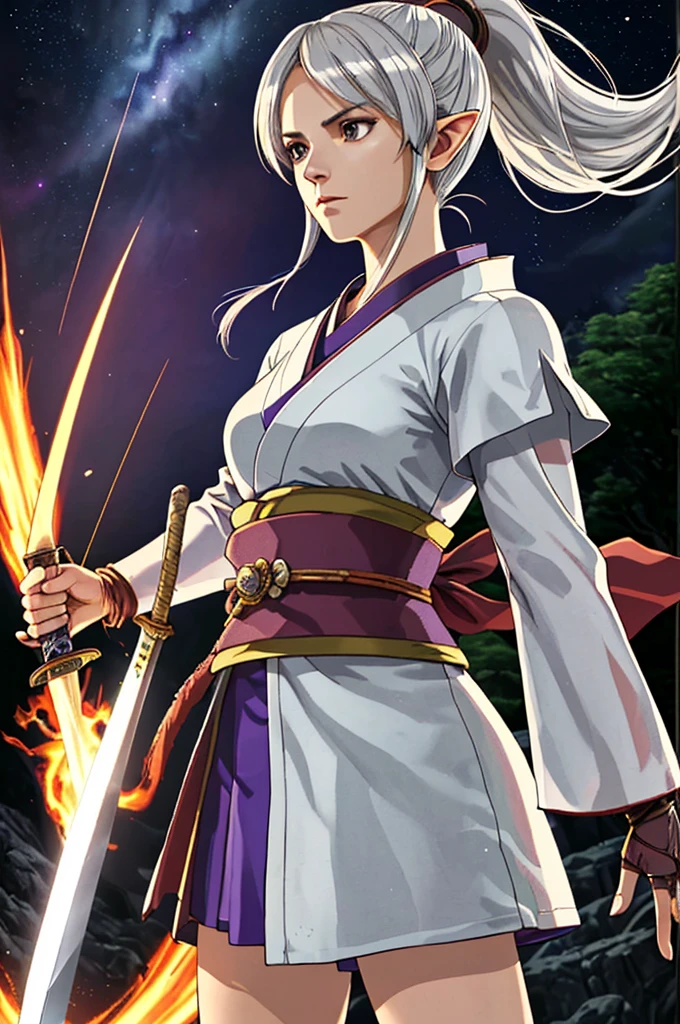 Highest quality，High resolution， ((DQ10)) ，（Elf），Martial Artist，（gun），One person，warrior，（white_coat），purple，kimono，woman，One personで，ponytail，strongest，Anime Style，（Night Sky_background），(Limbs)，(Full Finger)，(Accurate fingertips), (The finer details), (Super detailed)，(Japanese sword:)，4K，(high resolution)，whole body, (Front angle), Looking at the camera,masterpiece，(Subtle details)，(Intricate details)，Octane Rendering，(Hyper Detail)，