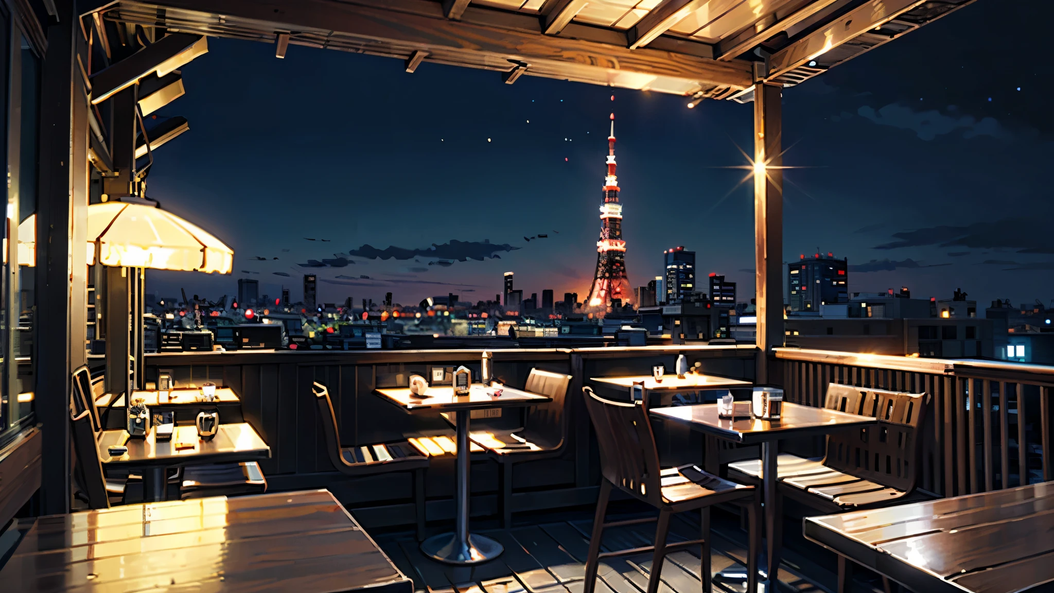 (masterpiece:1.4), (Highest quality:1.4), Very detailed, Complex, Super detailed, Tokyo、City、City of night、Cafe、street tree、4K、8k