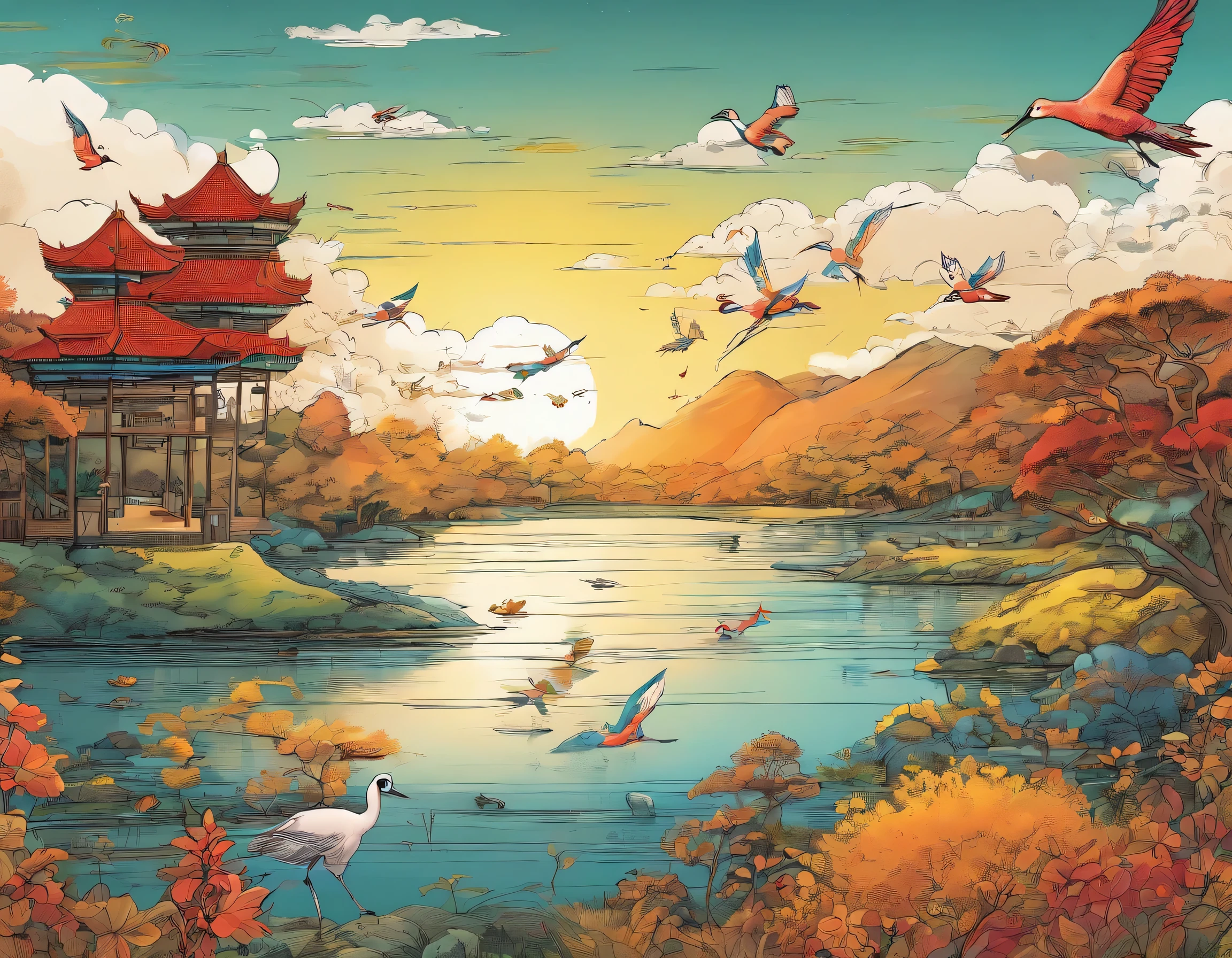 China ink painting,ink,The sunset and the solitary rainbow crane fly together,The autumn water is the same for a long time,The beauty of ancient poetry,the setting sun,Wild geese in the sky in the distance,Ancient buildings are scattered,aquarelle