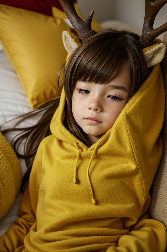 anime style, 8  girl, clear skin, green eyes, tousled shoulder length brown hair, with golden bells tied to their small deer antlers, Wearing a red wool French hood and a yellow sweatshirt, asleep