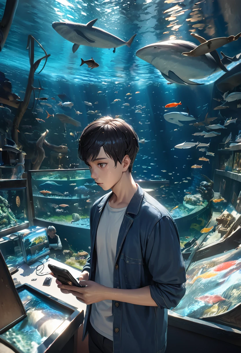 (3d:0.5,Realistic:0.5,photoRealistic:0.5),(Absurd,Super Resolution,masterpiece,Highest quality,In detail,Absurd:1.2), Dramatic Light, Dramatic lighting, Cinematic, Anime Scenery, Makoto Shinkai, Ghibli, aquarium, Aqua World, fish, whale, 1 male, Asian Man, Handsome boy, Charming boy, Have a phone, Blue jacket, Black Short Hair, strap, Fantasy World