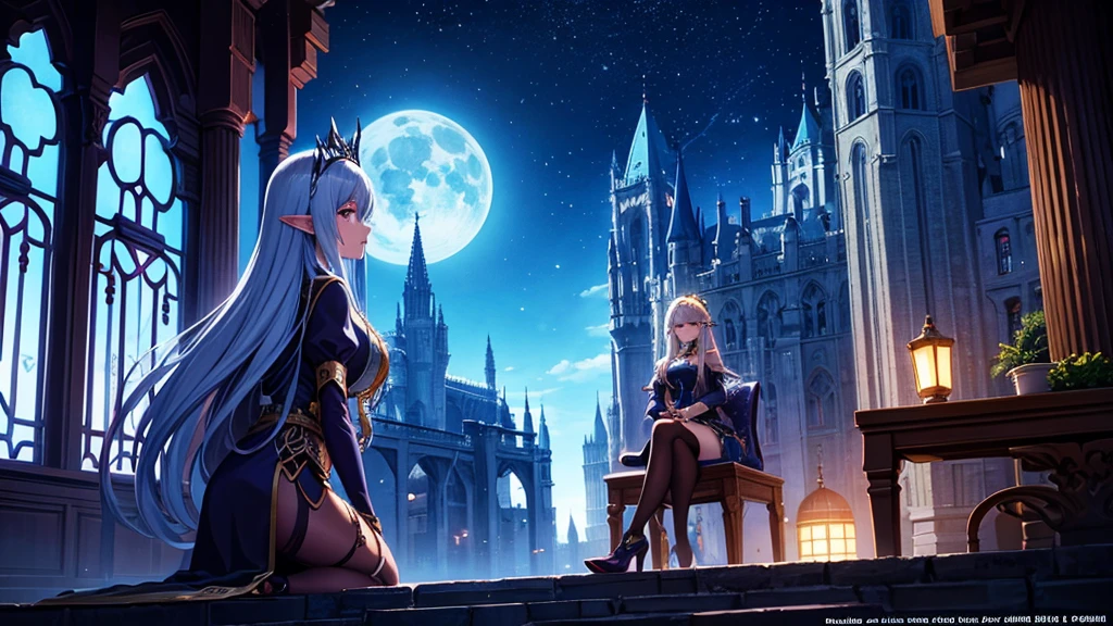 Arabic style portrait of a woman sitting on a bench in front of a castle, night、full moon、neon、Beautiful fantasy anime, Detailed fantasy digital animation, Fantasy anime style, epic Fantasy anime style hd, Detailed fantasy anime, Beautiful and elegant elven queen, 2. 5d cgi anime fantasy artwork, Epic fantasy digital art style, Fantasy-style anime, Very beautiful fantasy art、16:9