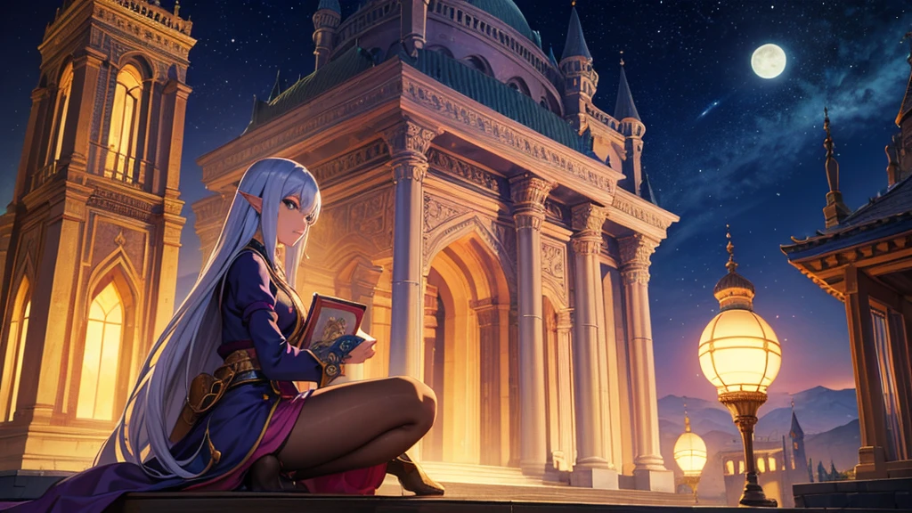 Arabic style portrait of a woman sitting on a bench in front of a castle, night、full moon、neon、Beautiful fantasy anime, Detailed fantasy digital animation, Fantasy anime style, epic Fantasy anime style hd, Detailed fantasy anime, Beautiful and elegant elven queen, 2. 5d cgi anime fantasy artwork, Epic fantasy digital art style, Fantasy-style anime, Very beautiful fantasy art、16:9