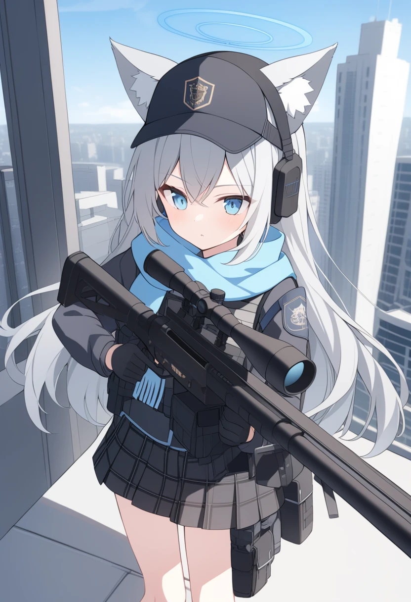 girl，Silver long hair, blue eyes, Wear body armor,Wearing a black mask，A sky blue scarf, Black gloves, And black plaid skirt, On the rooftop of a high-rise building，blue halo，Black Hat，Gray wolf ears，Holding a Sniper rifle and aiming，With tactical headsets