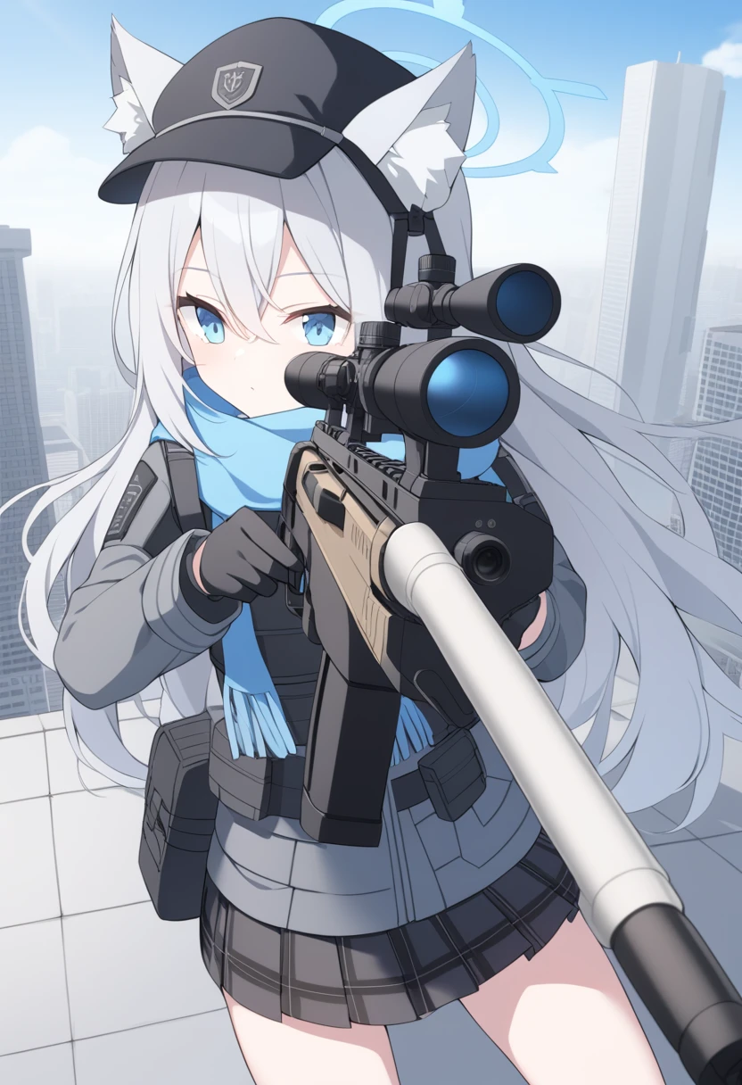 girl，Silver long hair, blue eyes, Wear body armor,Wearing a black mask，A sky blue scarf, Black gloves, And black plaid skirt, On the rooftop of a high-rise building，blue halo，Black Hat，Gray wolf ears，Holding a Sniper rifle and aiming，With tactical headsets