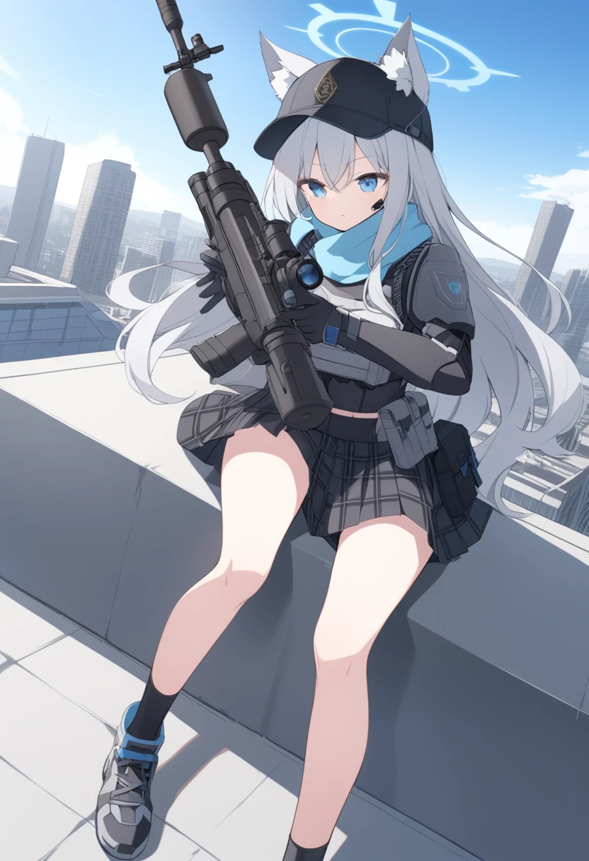 girl，Silver long hair, blue eyes, Wear body armor,Wearing a black mask，A sky blue scarf, Black gloves, And black plaid skirt, On the rooftop of a high-rise building，blue halo，Black Hat，Gray wolf ears，Holding a Sniper rifle and aiming，With tactical headsets
