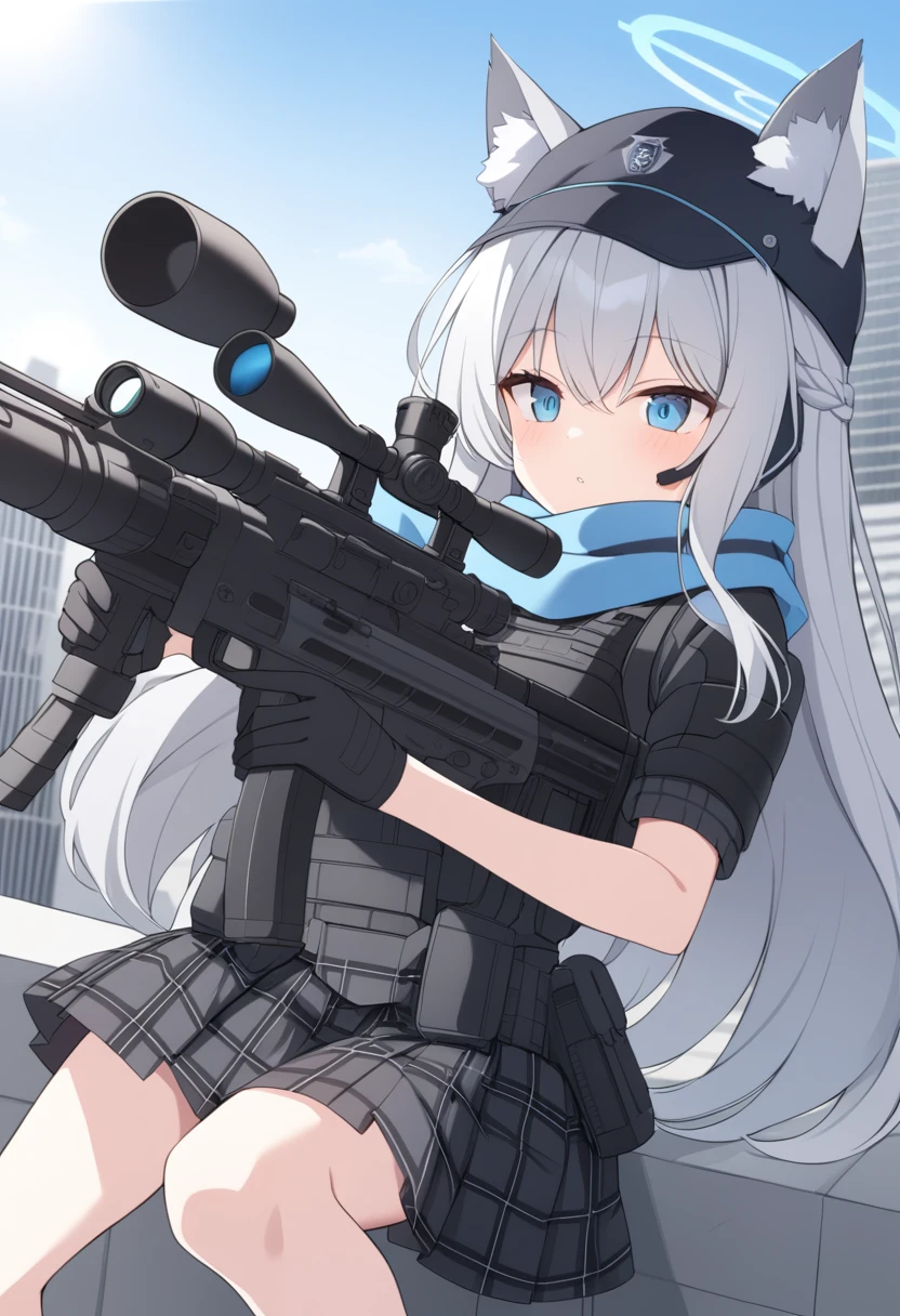 girl,Silver long hair, blue eyes, Wear body armor,Wearing a black mask,A sky blue scarf, Black gloves, And black plaid skirt, On the rooftop of a high-rise building,blue halo,Black Hat,Gray wolf ears,Holding a Sniper rifle and aiming,With tactical headsets