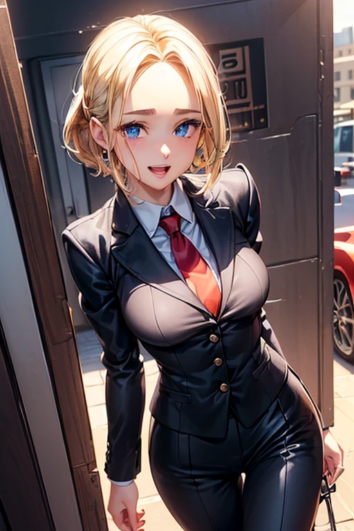 #Basics A girl is posing for a photo, animeのかわいい女の子, (((One Girl)), ((Baby Face)), ((Young girl)), (())),
BREAK
#Clothing Accessories
((Black business suit : White dress shirt + Red tie + black suit vest + Black suit jacket + Black suit slacks), Black Loafers),
Gold hoop earrings, Silver Necklace,
BREAK
#Features
((Blonde:1.4)), ((Bangs that expose the forehead:1.2) + (I can see a beautiful forehead:1.1)), (Pixie Cut Hair : Very short hair + Hair curled outside),
(Very thin eyebrows:0.6
(Droopy eyes, blue eyes), (Small breasts),
BREAK
#background environment
(noon、(Sunlit office district, Telephone booth, Sidewalk)),
#Facial Expression Pose
((smile + Teeth are visible + Laughing with open mouth), (A powerful and earthquake-filled walking pose)),
#composition
((Face the camera, Angle from the front, Cowboy Shot:1.4)),
BREAK
#Body parts elements
(Detailed hair, Beautiful Hair, Shiny Hair),
(double eyelid, Long eyelashes),
(Expression of fine eyes, Beautiful and delicate eyes, Sparkling eyes, Eye Reflexes, Glitter Eyeliner),
(Human Ear),
(Beautiful Nose, Thin Nose),
(Glossy lips, Beautiful Lips, Thick lips, Glossy Lips, Natural Cheeks),
(Detailed face, Symmetrical facial features),
(Detailed skin, Textured skin, Beautiful Skin, Shiny skin),
BREAK
#Quality
(((Highest quality)), ((masterpiece)), ((Very detailed))), ((High resolution), (16K,1080P)),
(Realistic), (Anatomically correct),
((comics, anime)), (3DCG), CG illustration,