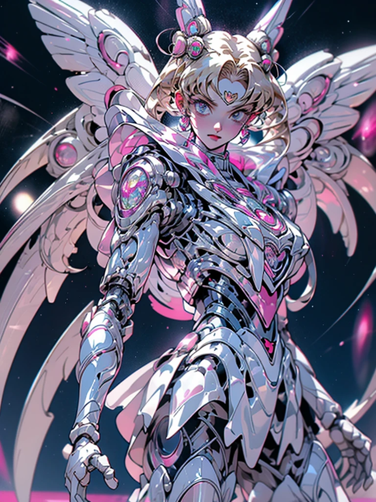 1 mechanical girl: 1.4, Sailor Moon, white mechanical arm, humanoid body, pink sailor suit, good-looking face, sailor Moon, moon hare, rabbit ears, mechanical ears, white blouse, blonde hair, mechanical arm, pink skirt, side, heart-shaped robot in the background, sci-fi background, complex background, hair glowing hair, forehead hair light, moon, panorama, mechanical wings, large wings in the background