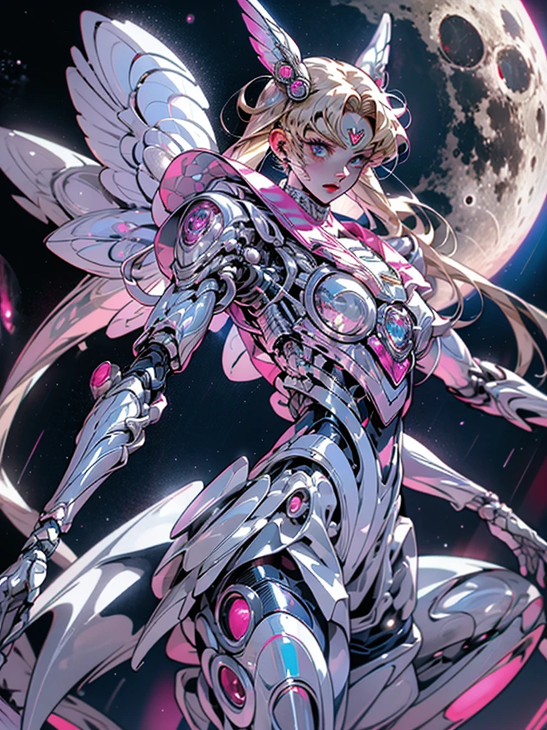 1 mechanical girl: 1.4, Sailor Moon, white mechanical arm, humanoid body, pink sailor suit, good-looking face, sailor Moon, moon hare, rabbit ears, mechanical ears, white blouse, blonde hair, mechanical arm, pink skirt, side, heart-shaped robot in the background, sci-fi background, complex background, hair glowing hair, forehead hair light, moon, panorama, mechanical wings, large wings in the background