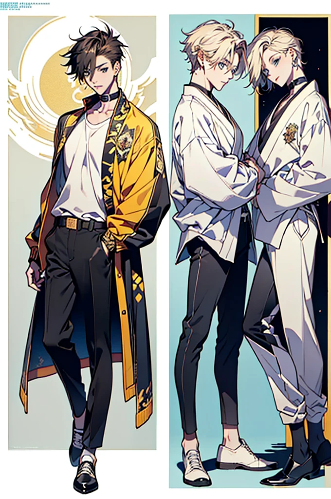 ((full body: 2)),((tachi-e:2.0)), ((UHD, masterpiece, super detail, best quality, highres, 8k)), (detailed line art), perfect face, perfect body, perfect hands, perfect feet.
Humans, around 20 years old, (2 males: 2.0), (twin males: 2.0), standing side by side, male idols, (simple background, magazine cover style), (facing forward)
Features of the first person
gentle atmosphere, on the right side, looking this way (light brown hair close to gold, short hair upturned eyebrows, droopy eyes, light blue eyes, thin lips), (male idol style clothing, white top, dress shirt, shirt with exposed collarbone, no jacket, fluffy shirt, ribbon decoration, white pants, high-waisted pants, white belt, white shoes), (ribbon choker, white choker), (angelic atmosphere: 0.5), (facing forward)
Features of the second person
cool atmosphere, on the left side, looking this way (black hair, short hair upturned eyebrows, upturned eyes, light blue eyes, thin lips), (male idol style clothing, black top, high-neck shirt, short jacket, neat jacket, belt decoration, black pants, black belt, black shoes, black earrings), (devilish atmosphere: 0.5), (facing forward)
