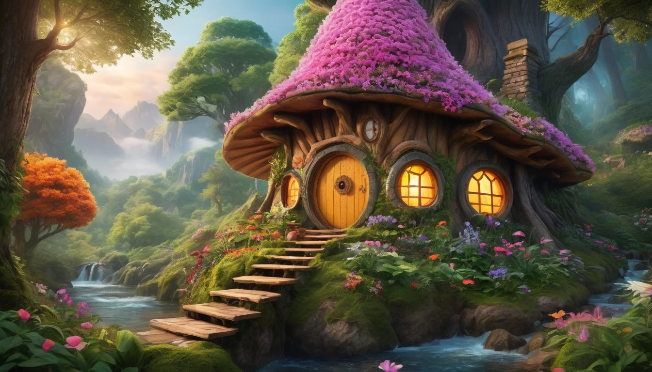 (Mysterious fantasy forest, Dense trees, A strange and cute little tree:1.5), A hobbit cabin in the middle of the forest, Vividly depicted in the work (Best quality, 8K, Advanced resolution, Masterpiece:1.2), With ultra-detailed detail (1.4x realism, Photorealistic:1.37). This dream forest is made up of bright colors, bathed in the warm glow of the sun, creating a cheerful and whimsical atmosphere. The cabin is designed with great attention to detail, with a complex design and unique architecture, similar to a mushroom-shaped house. A beautiful waterfall cascades nearby, adding a serene and enchanting element to the scene. (This fantastic forest is surrounded by lush greenery and colorful flowers), elevating a captivating and magical environment. The artwork showcases an illustrative style, inspired by children's book illustrations, ensuring a glamorous and nostalgic touch. The color palette consists of bright rainbow colors, seven colors, evoking feelings of joy and playfulness. Lighting accentuates the picturesque scene, with soft and warm shadows adding depth and warmth to the artwork. Every detail is impeccably presented, creating a visually stunning masterpiece, capturing the essence of the fantasy forest.