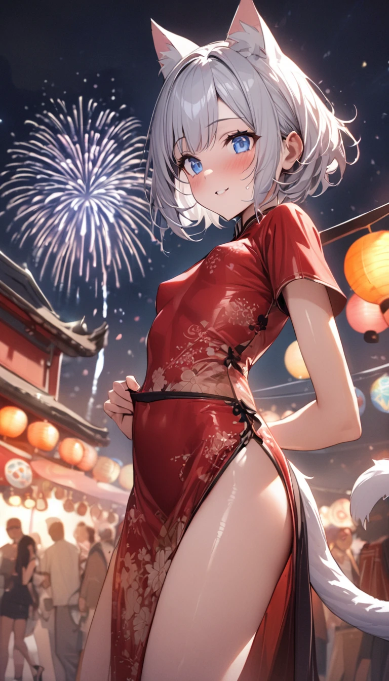 (((best quality)), ((masterpiece)), (details), masterpiece, best quality, high quality, ulutra detailed, perfect face, ((1girl, blue eyes, cat ears: 1.3 silver bob hair: 2.5,)) 、Shiny Hair、Glowing Skin、blush、Lustful look、Small breasts、I can see your toned stomach、Chinese style short sleeve,Don't go up and down、Chinese style fishtail skirt、Alluring expression,An inviting body、Hot flashes、Small breasts,Sidetiletto heels、Festivals、firework
