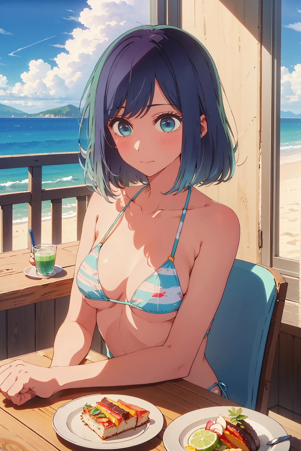 (Highest quality:1.4、masterpiece:1.4、Super detailed:1.4、8k:1.4)、((((1 person、Surprised expression、sit、Indoor cafe terrace、coastal、juice、table、Sandy Beach、juiceのグラスを持つ、Micro Bikini、Very soft 、Big eyes、Very cute face))))、(with a thunderstorm:1.4)、F cup bust、Medium breast、Underboob