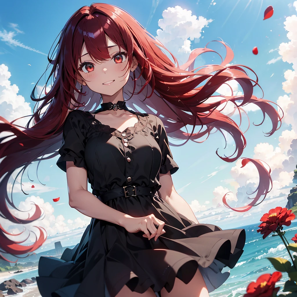 (Highest quality, 32k, High resolution, Masterpiece:1.5, ), marimo_jet, god々It has a brilliant and healing power., Evoking a sense of calm and elusive beauty, Expressing emotions, Have a rich imagination, Beautiful Japanese Girls, An exceptionally beautiful face, Small Face Beauty, Perfect Human Anatomy, Magical big eyes, Motherhood and generosity, Deep Love, A big smile, ((Shiny crimson hair:1.4)), Super long straight silk hair swaying in the wind, Asymmetrical bangs, Hair between the eyes, Transparent, soft white skin, Sharp eyebrows, Thin lashes, Natural Makeup, Cheek highlighter, Detailed and cute lips, Perfect and beautiful teeth, (Black dress:1.5), Slim figure with ample breasts, ((Beautifully detailed skies:1.2)), ((Vibrant petal effect:1.2)), god秘的