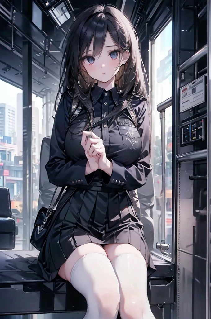 1 Girl:1.3), Solitary, __body parts__ Delicate and realistic skin, Pale skin, Large target, Official Art, Unity 16K Wallpaper, Ultra Detailed, beauty, masterpiece, best quality, Awesome atmosphere, Calming color palette, A calm mood, Soft shadows, Airline stewardess, charm,Large Breasts,Black tights,Police Uniform