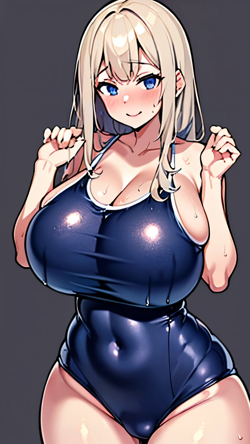 Anime Girls, (masterpiece, highest quality, 8K ultra-high resolution:1.4), gleaming skin, beautiful detailed eyes, ultra-detailed, cowboy shot
1girl. solo, mature, adult, milf, facing viewer, 
looking at viewer,
smile, horny, sweat, nervous, 
((school swimsuit)), Highly detailed glossy skin, Dark blue one-piece swimsuit, (Swimsuit with wet and shiny details: 1.2), big butts, thick thighs,
Gigantic Sagging Breasts, grey background, simple background, 