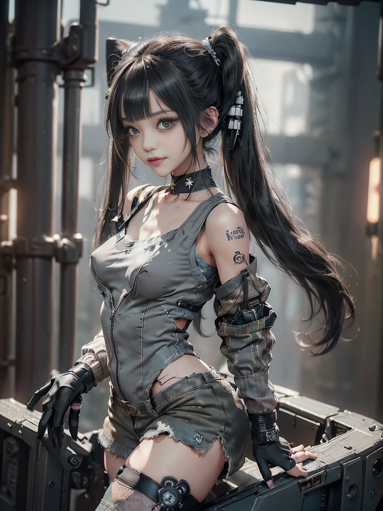 (Full Body View:1.3)、(Side view:1.1)、(Please smile with your teeth showing:1.4),(Shibuya Gal:1.5)、(Gothic Lolita style fashion:1.5)、(Tattered khaki and gray futuristic micro high leg bodysuit:1.5)、(Tattered Khakis and White Micro Fancy Sleeves:1.5)、(Tattered khaki micro shorts:1.5)、(Brown and khaki knee socks:1.3)、(camouflage:1.3)、(Military jacket:1.4)、Brown boots、Khaki gloves、internal、(The underwear is striped:1.4)、23 years old、(Doing a ballerina pose:1.3)、((Highest quality、8k、masterpiece:1.3))、One girl、The beauty of slim abs:1.3、(Hairstyle Casual、Big Tits:1.1)、dress:1.1、Super small face、Narrow eyes、double eyelid、Laughter、Esbian all over body、Dynamic Angle、Close-up、CPL Filter、Blurred Background、Bokeh、Blue Hour、Detailed face and skin texture、Detailed Eyes,(Twin tails:1.3)、(Black brown hair:1.4)、Gravure idol pose、(The background is the cockpit of a futuristic weapon.:1.3)、(The body is slim:1.2),(Slim legs:1.4),(clavicle:1.1)