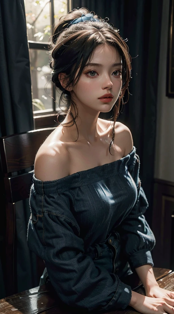 Best Quality, Masterpiece, Ultra High Resolution, (Realisticity: 1.4), Original Photo, 1girl, blue Off-the-Shoulder, Cinematic Lighting