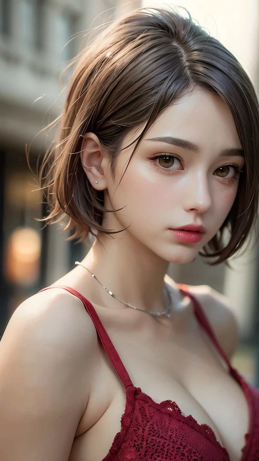 Masterpiece hyperrealist & Photorealistic beautiful girl, Realistic Skin (Pore-filled skin) Short Bob Cut Hair, Realistic red lips,Punk Girl, (head shot:1.5),Shorts
