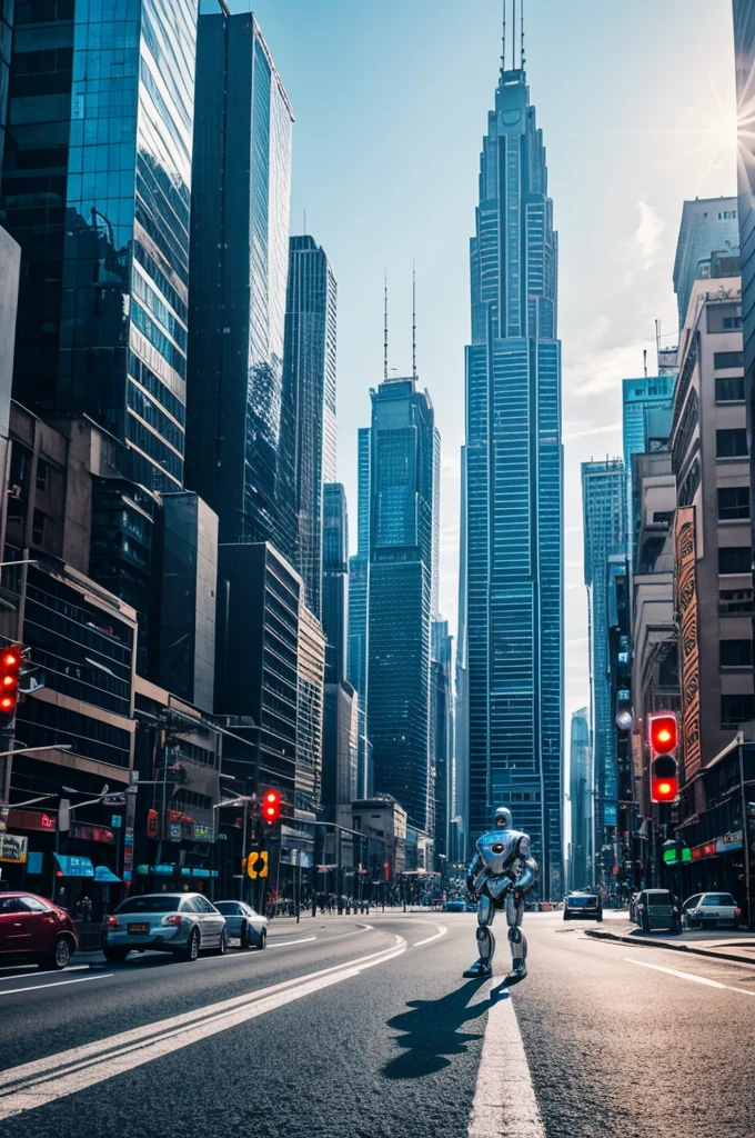 A robot looking at camera, stand on the road, futuristic city background, day time, 4k resolution, front horizontal view