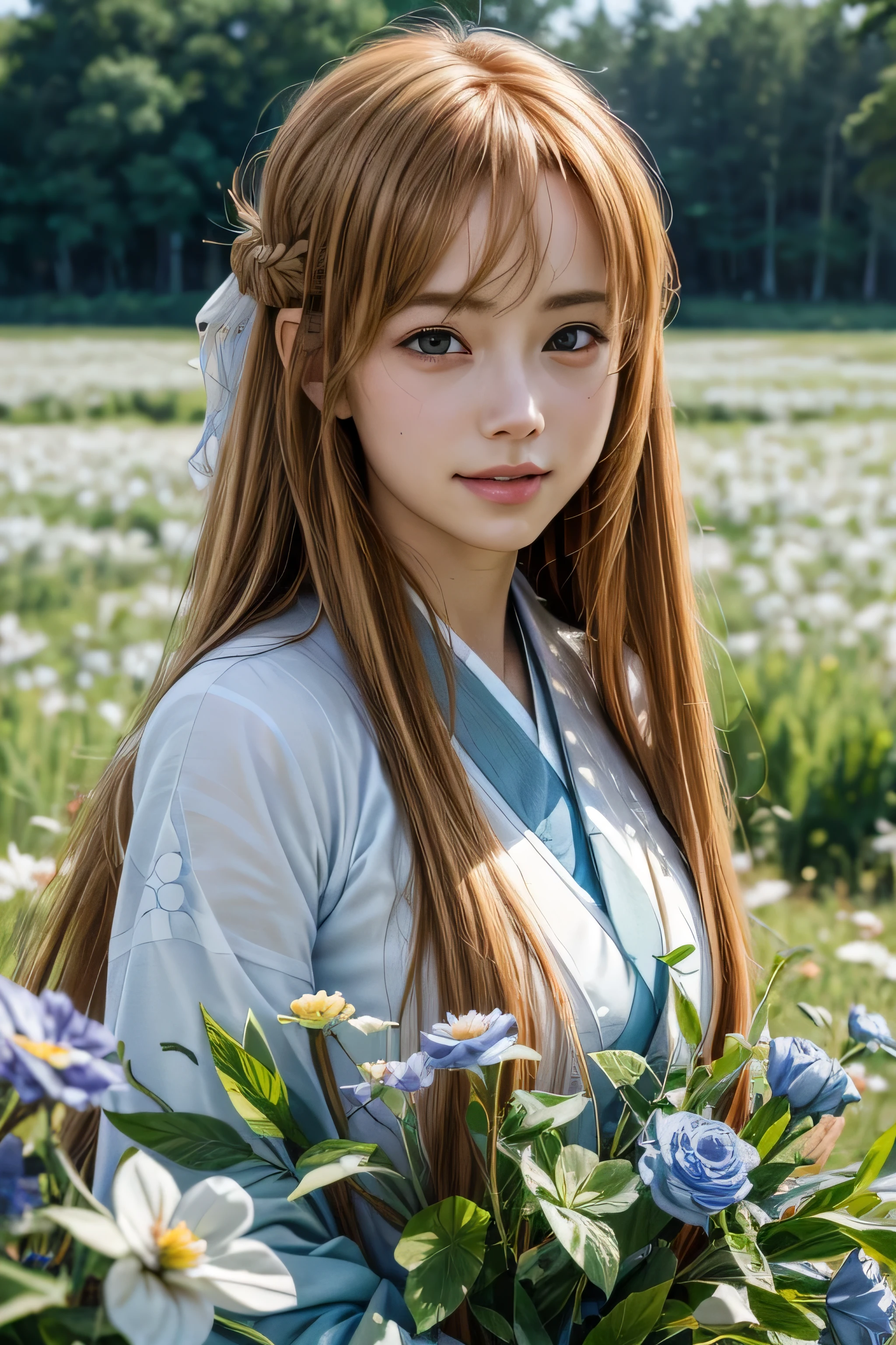 masterpiece, best quality, (realistic,photo-realistic:1.4), (RAW photo:1.2), extremely detailed CG unity 8k wallpaper, delicate and beautiful, amazing,finely detail, official art, absurdres, incredibly absurdres, huge filesize, ultra-detailed,extremely detailed eyes and face,light on face,yuuki asuna,(little smile),(caramel hair:1.4),(long hair:1.4),(wearing kimono:1.4),nature background,blue flower field