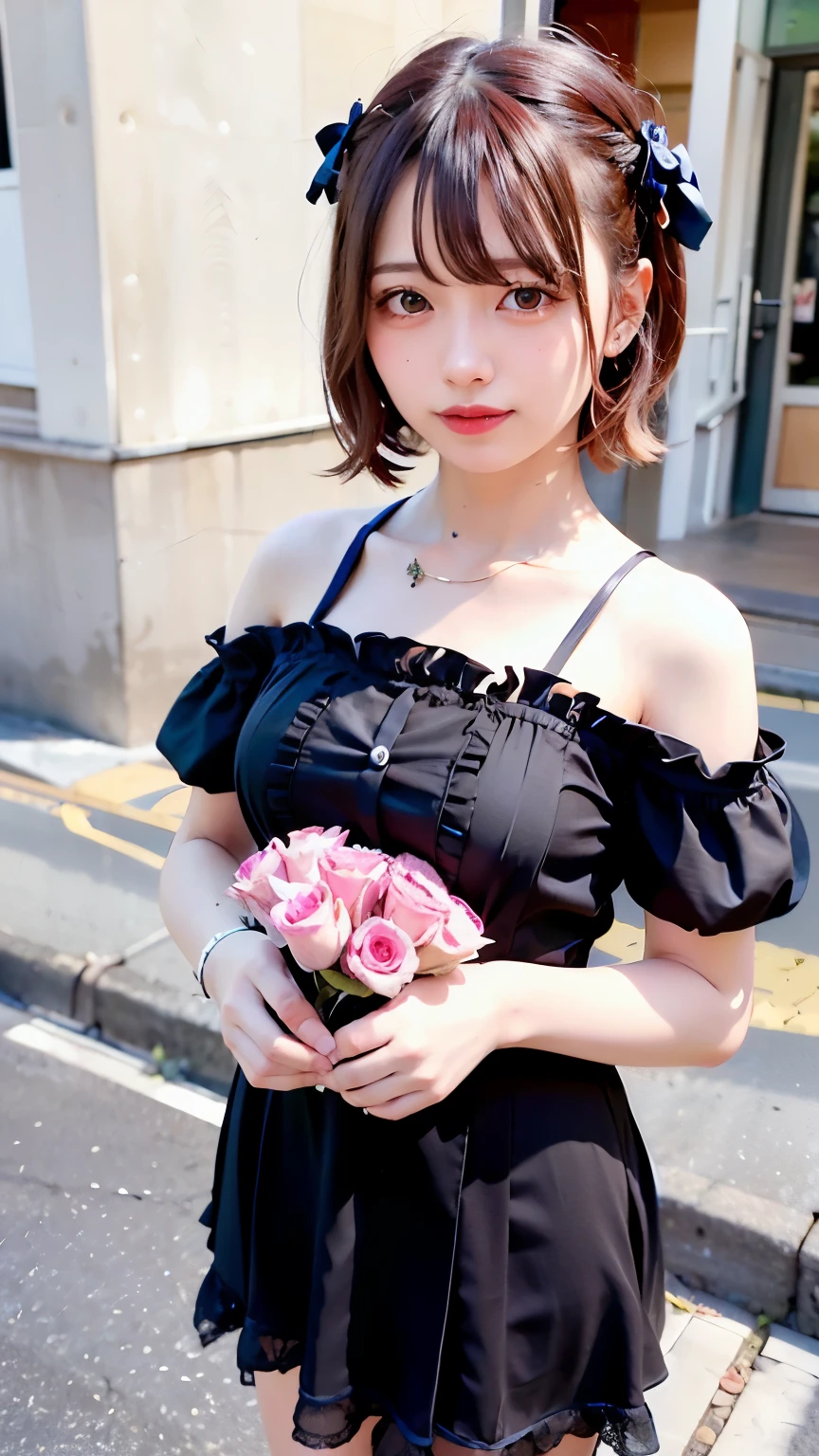 (Realistic, photo-Realistic:1.37), Unbelievably absurd, (Very detailed:1.3), 8k, (masterpiece), (Highest quality:1.4), (Ultra-high resolution:1.2), (RAW Photos:1.2), Very detailed背景, (unity 8k wallpaper), 1 nogizaka girl, very cute, (bishojo:1.35), (17yo:1.4), (white, Black and pink mine fashion), (Delicate and beautiful face, eye, skin), (Beautiful dress with intricate details), Gothic Maid, (Open chest), (Thick black shiny hair), (Elegant frills), (Blue rose hair accessory), (Smiling for the camera), whole body, Street view, Professional Lighting, 1 Girl, (Light pink hair)
