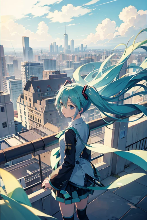 hatsune miku, wind effect, over town,