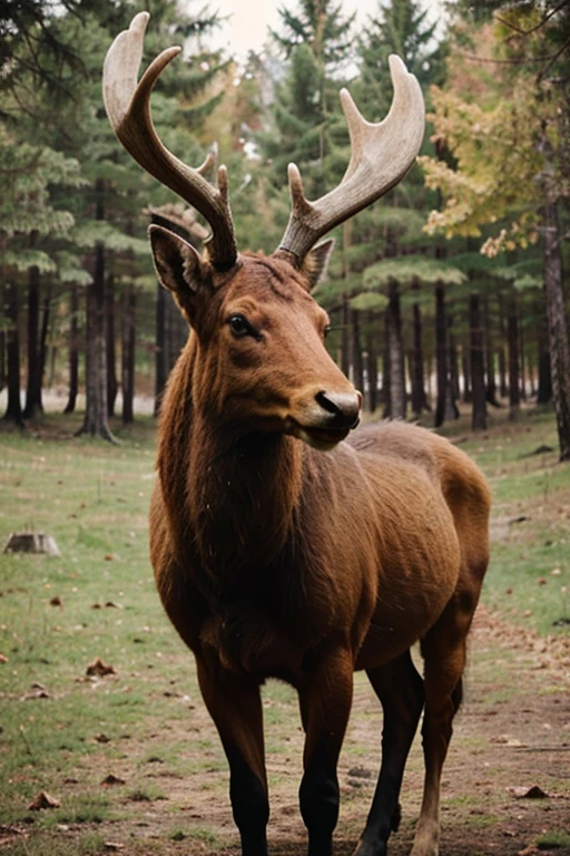 Autumn mixed forest, at the edge of the forest stands a huge elk with large horns!