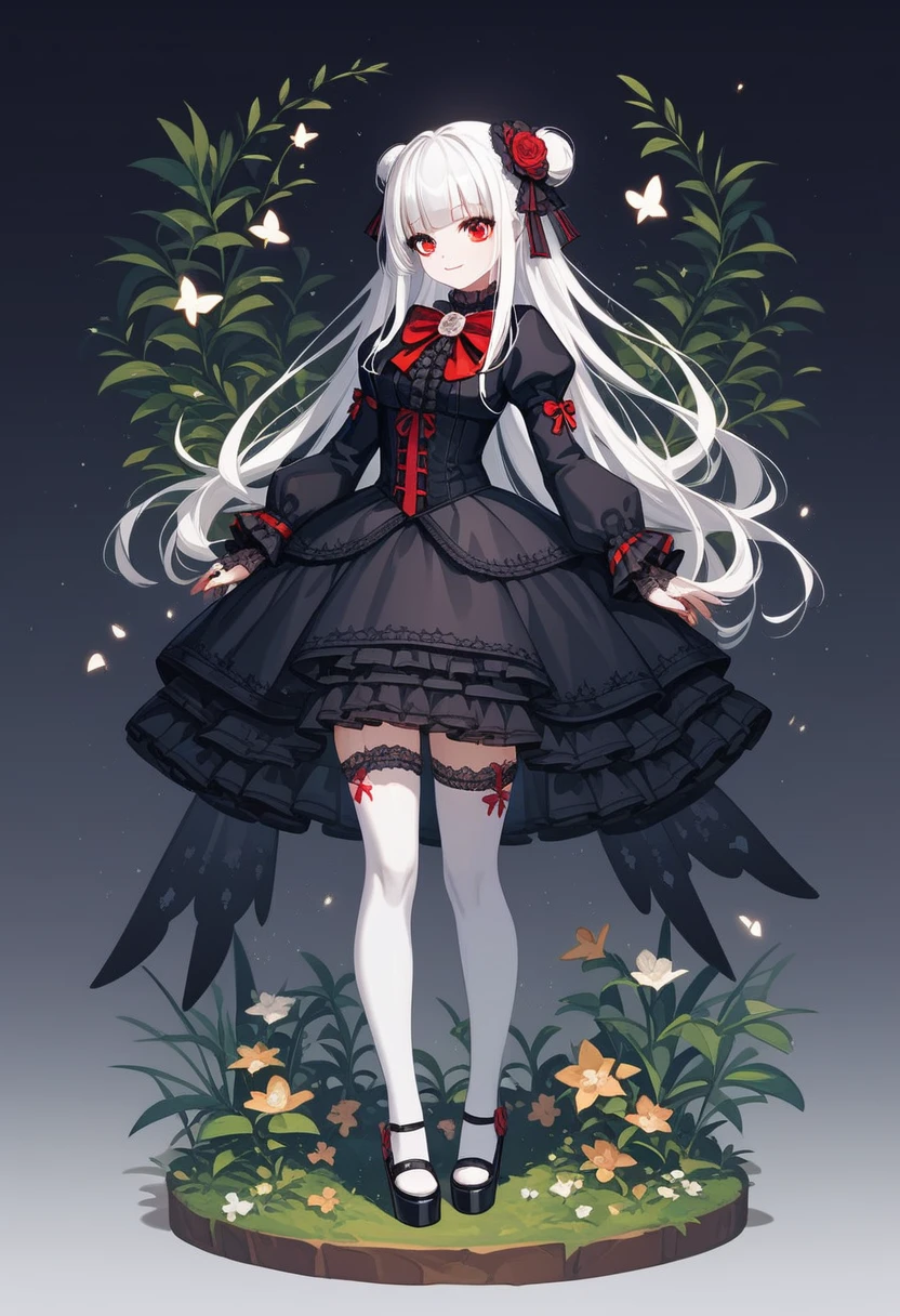 masterpiece, top-quality, masterpiece, top-quality,ighly detailed,{top-quality}, {{masterpiece}}, {hight resolution},original, {extremely delicate and beautiful},masterpiece, top-quality,ighly detailed,{top-quality},white hair, gothic lolita, full body, standing, white thighhighs, short dress, black dress,