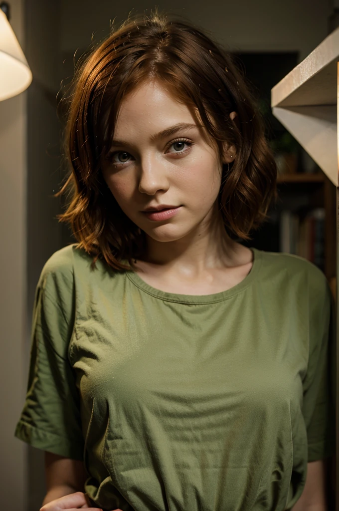 An  redhead girl with short curly hair and green eyes behind 