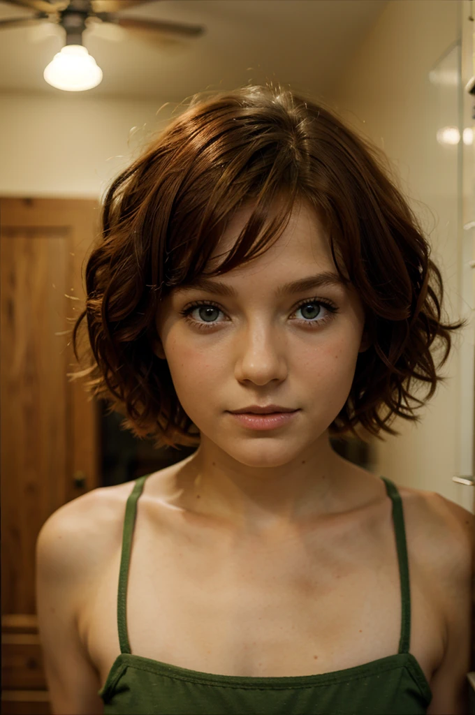 An  redhead girl with short curly hair and green eyes behind 