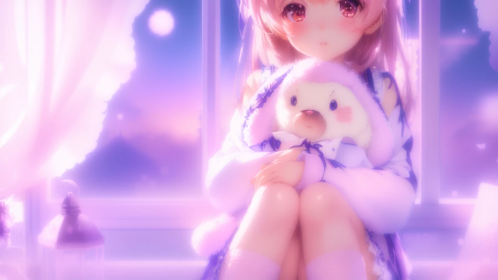 anime girl sitting on window sill with ウサギのぬいぐるみ in front of window, cute anime girl, Nightcore, cute anime, 4k anime wallpaper, anime style 4 k, anime wallaper, anime. Soft lighting, hd anime wallaper, anime picture, anime wallpaper 4k, anime wallpaper 4 k, anime girl desktop background, beautiful anime girl