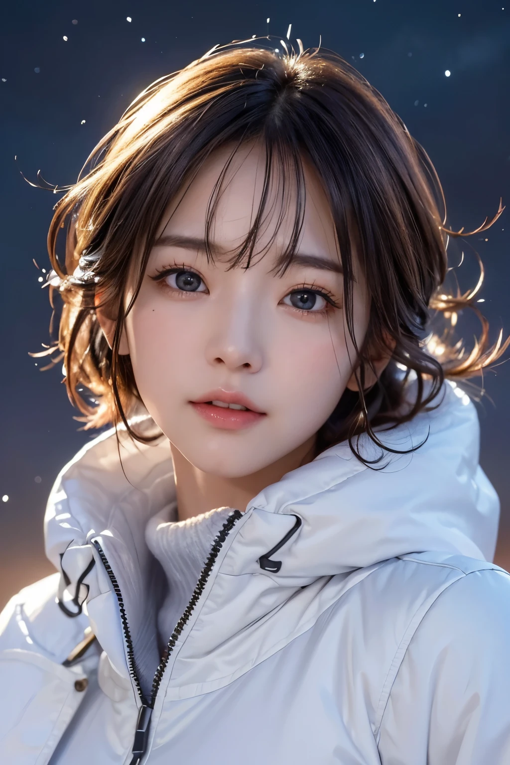 Ultra-high resolution、(masterpiece:1.3), (8k, Best image quality: 1.4)、 (Real:1.4)、One beautiful woman、Beautifully detailed eyes and skin、Attractive Micro Smile、Light brown short hair、Close-up、Hair disheveled by strong winds、White Breath、Small Bust、Cold-proof space suit、雪とice World、Severe snowstorm、Rugged snowy mountains、Black Cloud、Sunset in the mountains、Impressive sunset、dusk、Winter Storm、ice World、Heavy snow、Nightfall、