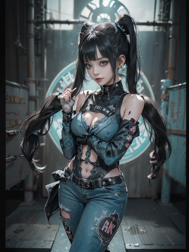 (Full Body View:1.4)、(Full body:1.3)、(Smiling with teeth showing:1.3),(Shibuya Gal:1.5)、(Gothic ta style fashion:1.5)、(Punk RockVisual Kei:1.5)、(Wearing a rhythmic gymnastics bodysuit with intricate details:1.4)、(Racing suit and pants with intricate turquoise, denim and charcoal decorations:1.5)、(Denim and light blue and turquoise boots:1.3)、((belt))、(Numerous delicate logo marks all over the costume:1.4)、(collar:1.3)、(Polka dot underwear:1.5)、20-year-old、NSFW、((Highest quality、In 8K、masterpiece:1.3))、Sharp focus:1.2、(Layered Cut、Huge boobs:1.1),Beautiful woman with perfect figure:1.4、(do a gravure pose:1.3)、Slender Abs:1.2、Highly detailed face and skin texture、Detailed eyes、double eyelid,(Twin tails:1.3)、(Black brown hair:1.3)、Gravure idol、(The background is the stage of the fashion show:1.3)、(Slim Body:1.3),(Make your legs thinner:1.4),（clavicle:1.1）