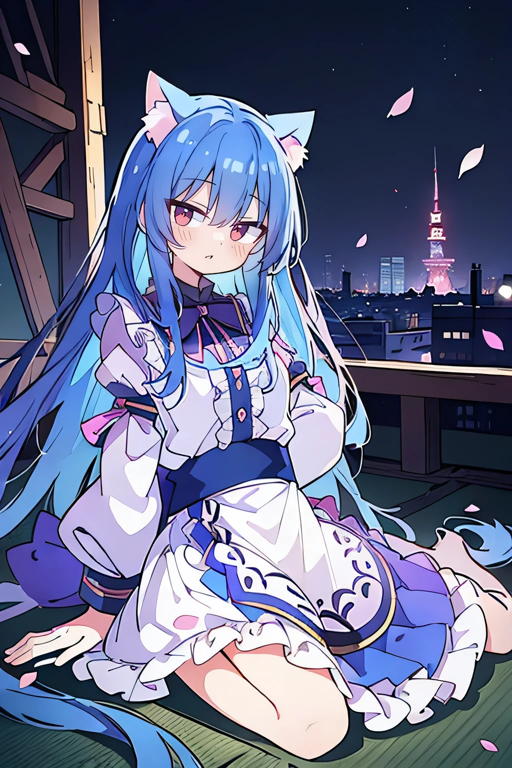 (masterpiece:1.2),Extremely detailed,Practical,expressive eyes,Fair skin,Perfect face shaping,1 Girl,
Japanese cartoons,Gorgeous blue hair, the long flowing blue hair,Floating clothes,Cat ears,Petals fall,beautiful lola,Angel,
Place your hands on your waist,sit elegantly on the ground,（nighttime scene）（With illuminated Tokyo Tower in the background）