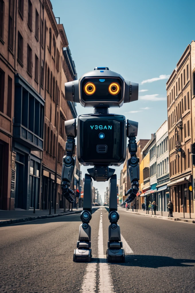 A robot looking at camera, stand on the road, futuristic town background, day time, 4k resolution, front horizontal view