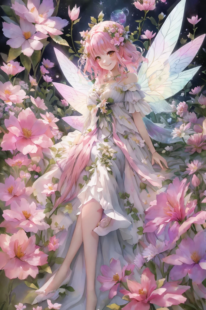 anime smiling girl with pink hair and white dress sitting in a field of flowers, space flower fairy, beautiful fairy, 🌺 cgsociety, fairy aesthetics, portrait of a fairy, faerie, smiling as a queen of fairies, elf girl wearing an flower suit, 8k high quality detailed art, astral fairy, goddess of spring, study of a flower fairy
