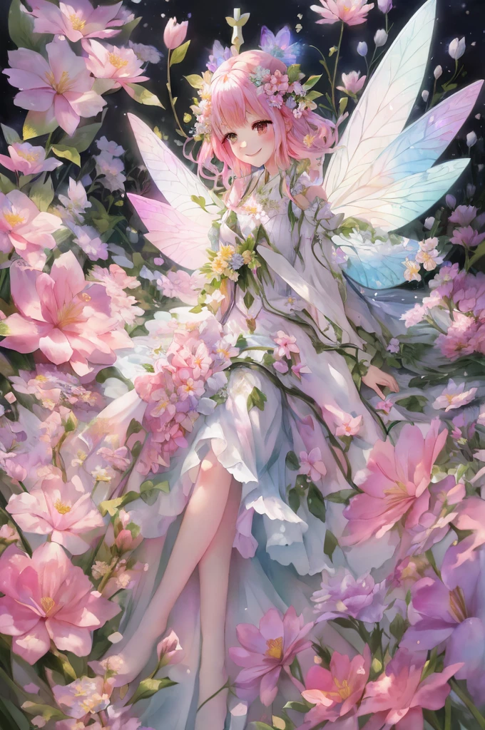 anime smiling girl with pink hair and white dress sitting in a field of flowers, space flower fairy, beautiful fairy, 🌺 cgsociety, fairy aesthetics, portrait of a fairy, faerie, smiling as a queen of fairies, elf girl wearing an flower suit, 8k high quality detailed art, astral fairy, goddess of spring, study of a flower fairy