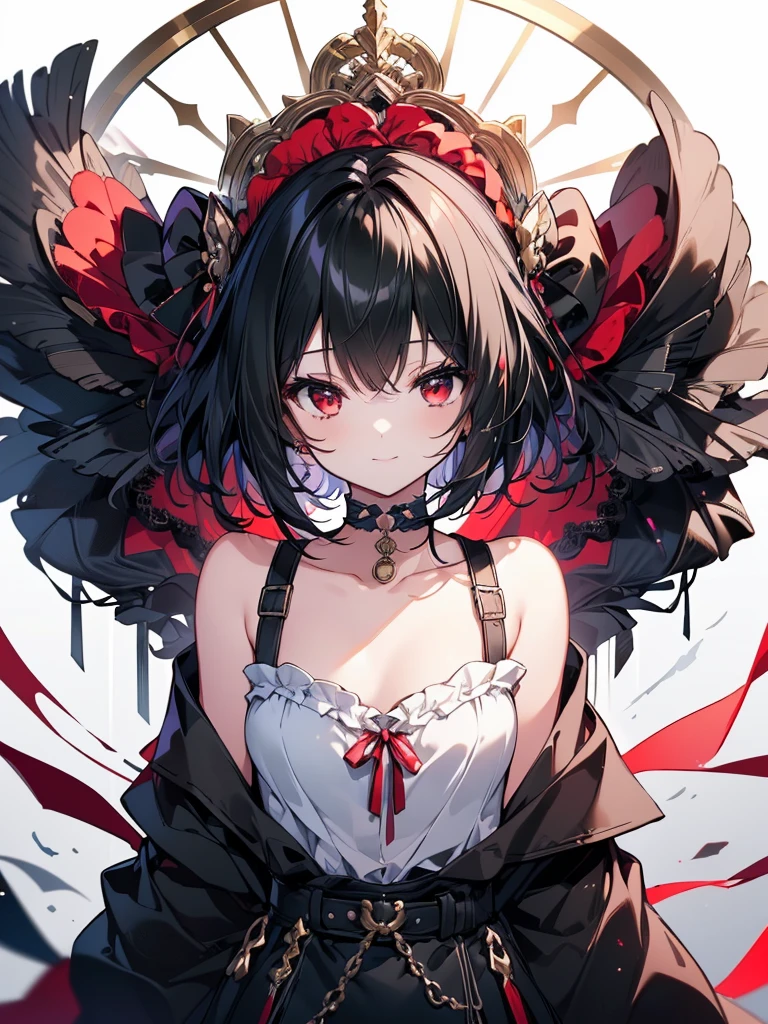 (masterpiece, highest quality, highest quality, (No text), Beautiful and aesthetic:1.2),No text,アニメ、BREAK,One Girl,Black Hair Girl short hair older sister choker Beautiful eyes Red eyes cool smile Red and Black Black jacket profile mini skirt whole body In town