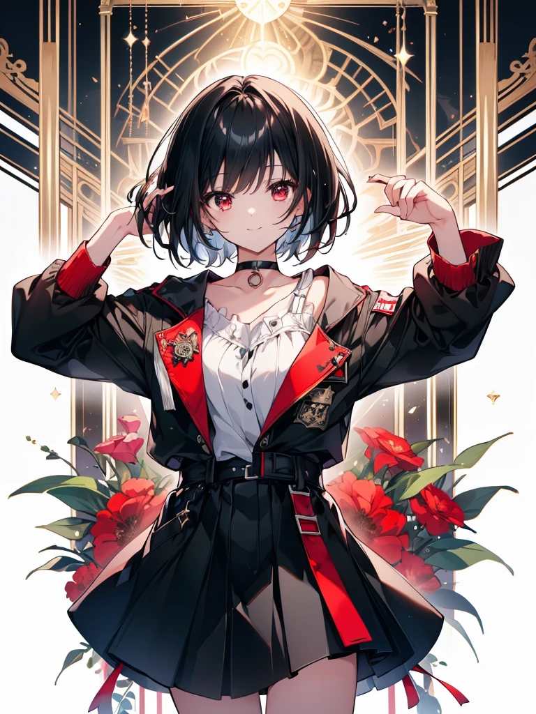 (masterpiece, highest quality, highest quality, (No text), Beautiful and aesthetic:1.2),No text,アニメ、BREAK,One Girl，Black Hair Girl　short hair　older sister　choker　Beautiful eyes　Red eyes　cool　smile　Red and Black　Black jacket　profile　mini skirt　whole body　In town