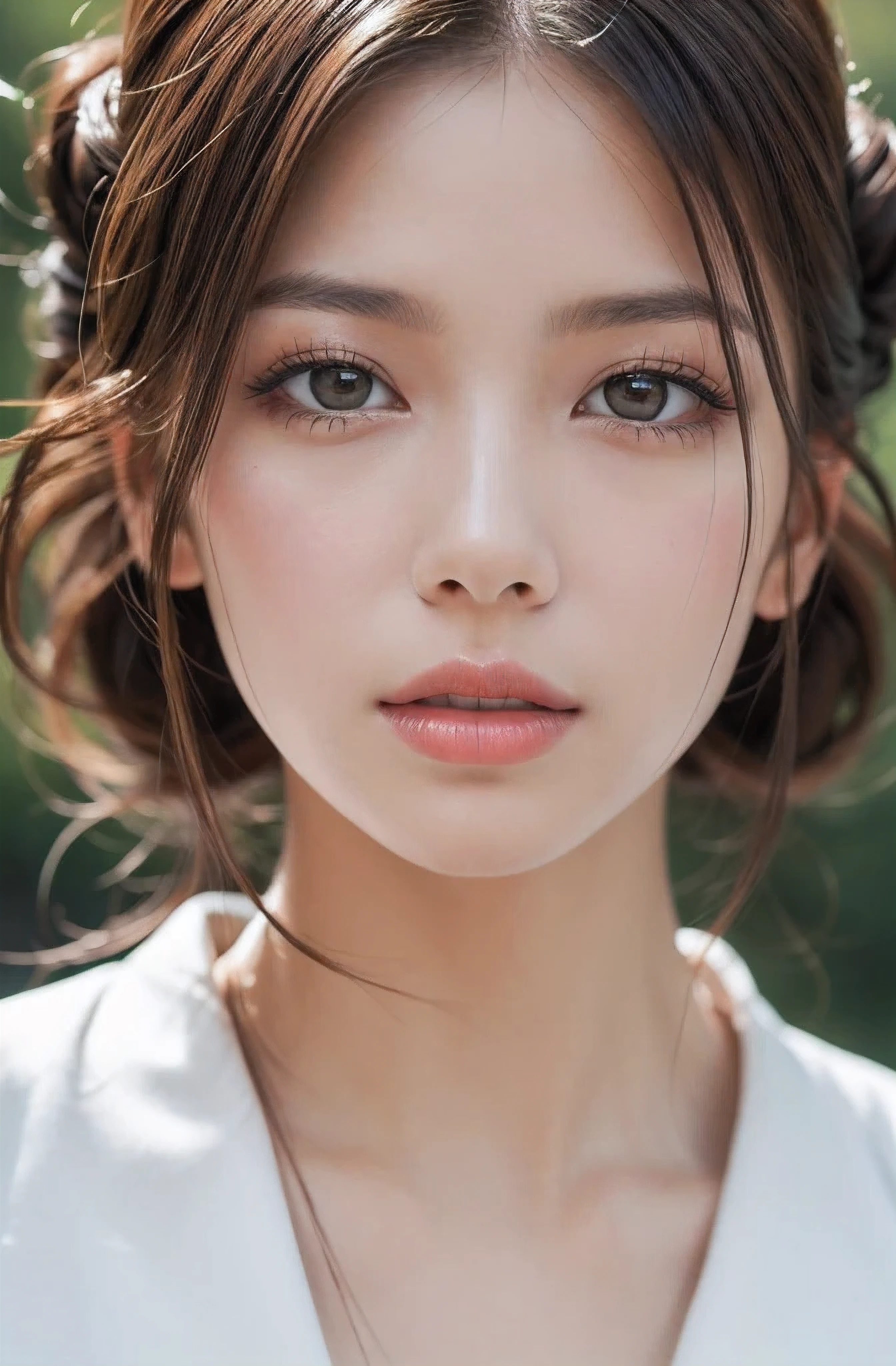 A close-up shot of a stunning woman with rich brown locks styled in an elegant updo. Her flawless face is centered in the frame, with a soft focus that accentuates her natural beauty. The camera captures every detail of her facial features: high cheekbones, defined eyebrows, and plump lips. The overall aesthetic is one of realism, as if she stepped straight out of a fine art photograph.