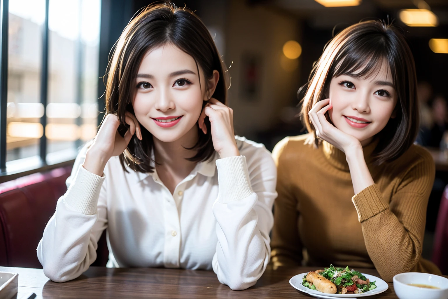 ((Highest quality、8k、masterpiece:1.3))、Shortcuts、cute、slimカップル、modelカップル、actress男優、(Realistic, Intricate details:1.2), full-course dinner、Wine Party、Amazing view of the sunset sky and clouds、A bright smile、short hair,Bright Face、45 years old), 42 years old, red wine 、Appetizers、Italian food、Wine bottle、Champagne、sparkling wine、Two beauties、Brown Hair、Shortcuts、Long sleeve shirt、dress、Beautiful woman 1, (slimな顔), (The body is slim), (Brown Hair), (Shortcuts), cheeks turn a little red,Attractive beauty、restaurant, In a prominent place (From the waist up) Nova Frog Style, actress, model, Upper Body, White wine, slim, wine glass, 中央に置かれたwine glass, smile, (smile: 1.15), Beautiful fine grain, Depth f/2,saturation, High Contrast, Strong light and shadow,Moist Body:1.5、3D texture、Delicate eyes、Brown Hair、The hair is very shiny、