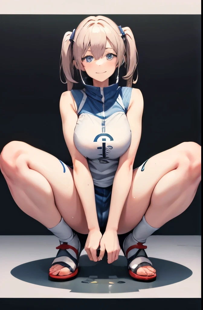 A Female mature robot loves herself. she wears nothing. Her Brown very short pigtails is tied with two big red clothespins, mature, android, blue eyes, full body, Height: 160cm, flushed cheeks, sweat bucket. full body shot, looking straight. Her smile is complete.