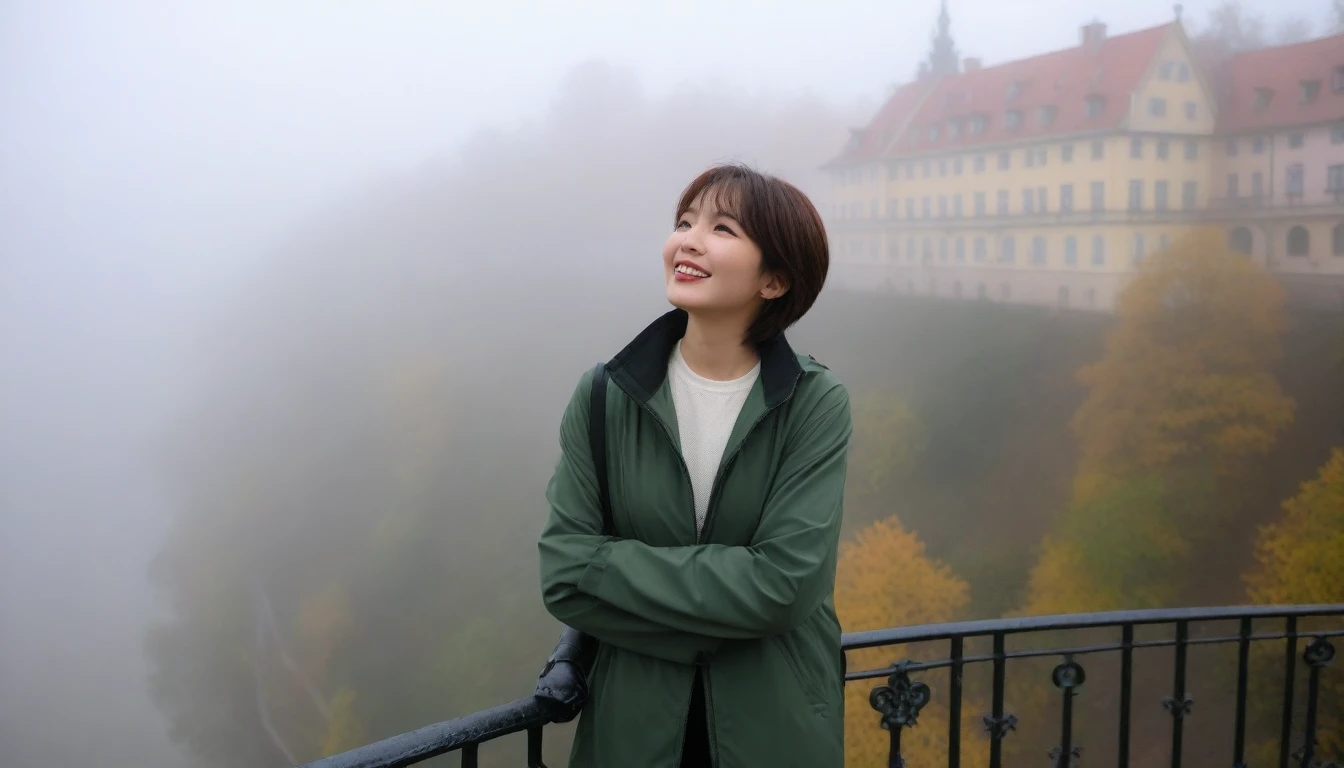 high quality, 1 woman, ((36 years old 건강한 한국 여성)), ((36 years old)), 1 woman, The eyes are big and beautiful. ((slim)), ((short medium hair)), laugh. pose: standing, windbreaker jacket, background:Your residence is a baroque townhouse with a plaster façade and wrought iron railings.... Overlooking the Heidelberg River, Germany, autumn, Morning fog,, looking slightly upward, 1 woman, Full body shot with Canon 16-34 wide angle lens, View: river view, look up to the side, There is a thick fog in the river.