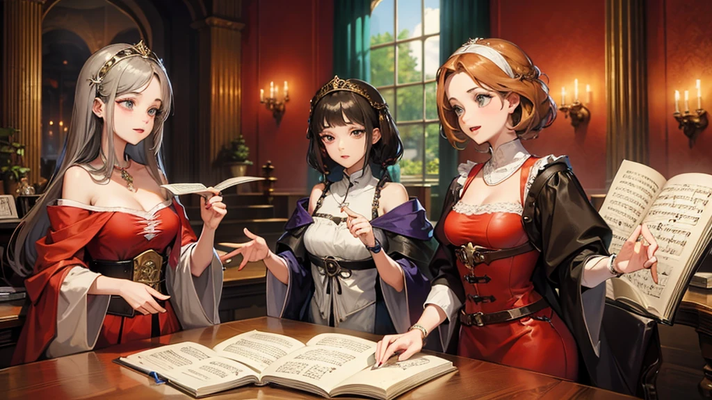 Beautiful women enjoying music together, Middle Ages, minstrelsy, epic poetry,
