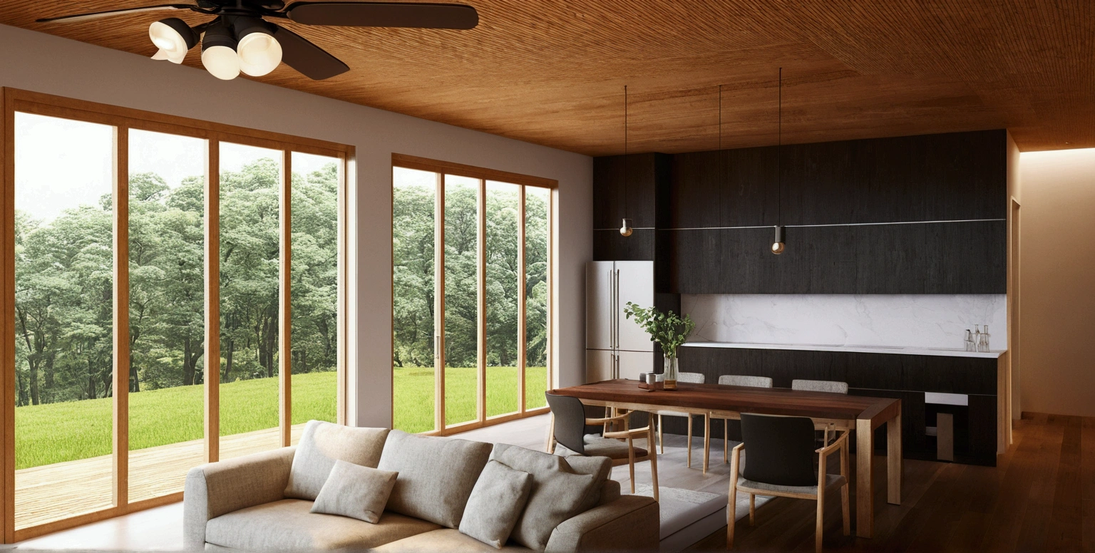 a rendering of a living room with a couch, table, and fan, 3 d rendering, 3d rendering, detailed rendering, 2 d render, comprehensive 2 d render, detailed 3d render, with 3 d render, detailed 3 d render, with 3d render, cg rendering, high detail 3 d render, very detailed render, wide establishing shot, 3 d renders, wooden cellingv, windown view forest
