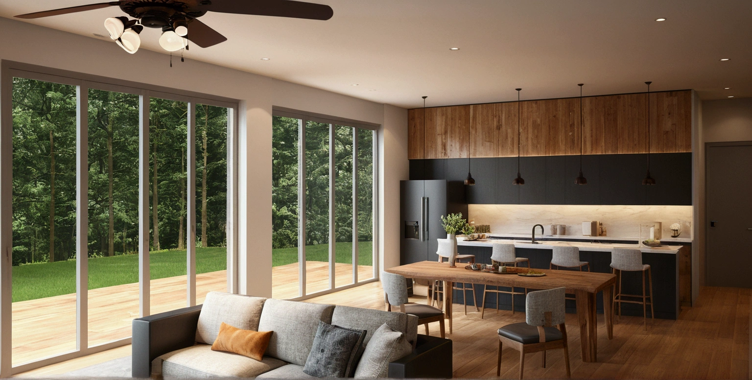 a rendering of a living room with a couch, table, and fan, 3 d rendering, 3d rendering, detailed rendering, 2 d render, comprehensive 2 d render, detailed 3d render, with 3 d render, detailed 3 d render, with 3d render, cg rendering, high detail 3 d render, very detailed render, wide establishing shot, 3 d renders, wooden cellingv, windown view forest